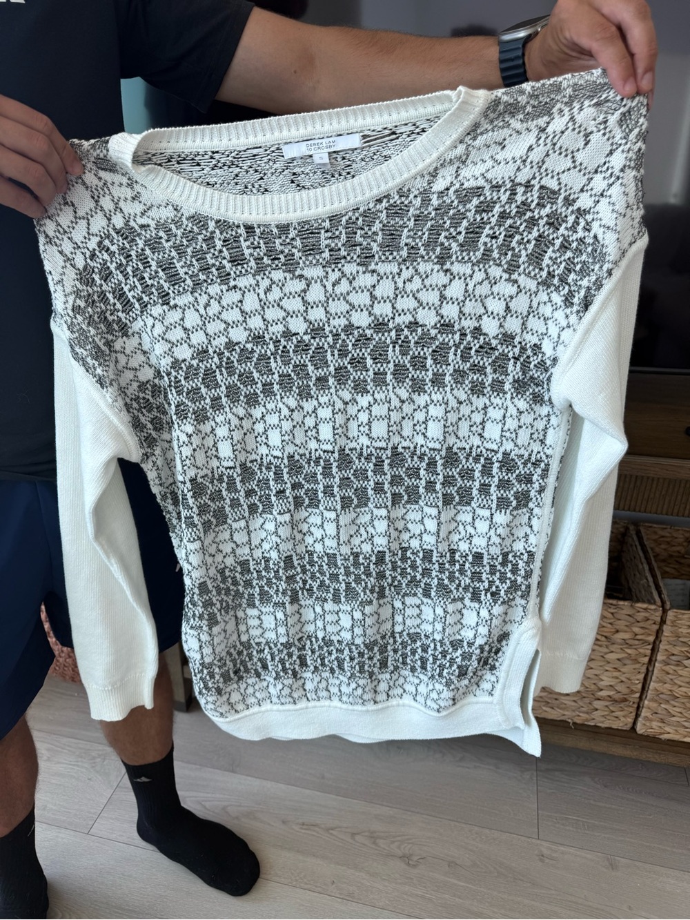 10 Crosby Derek Lam Cream and Gray Openwork Knit Sweater